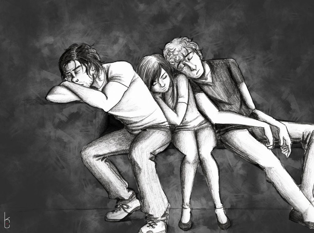 Black and white illustration of 3 people leaning against each other asleep