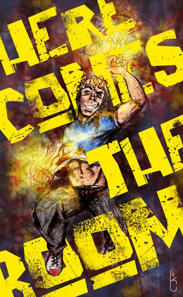 Dynamic pose of young man jumping with fire on his hands with the text "Here comes the boom"