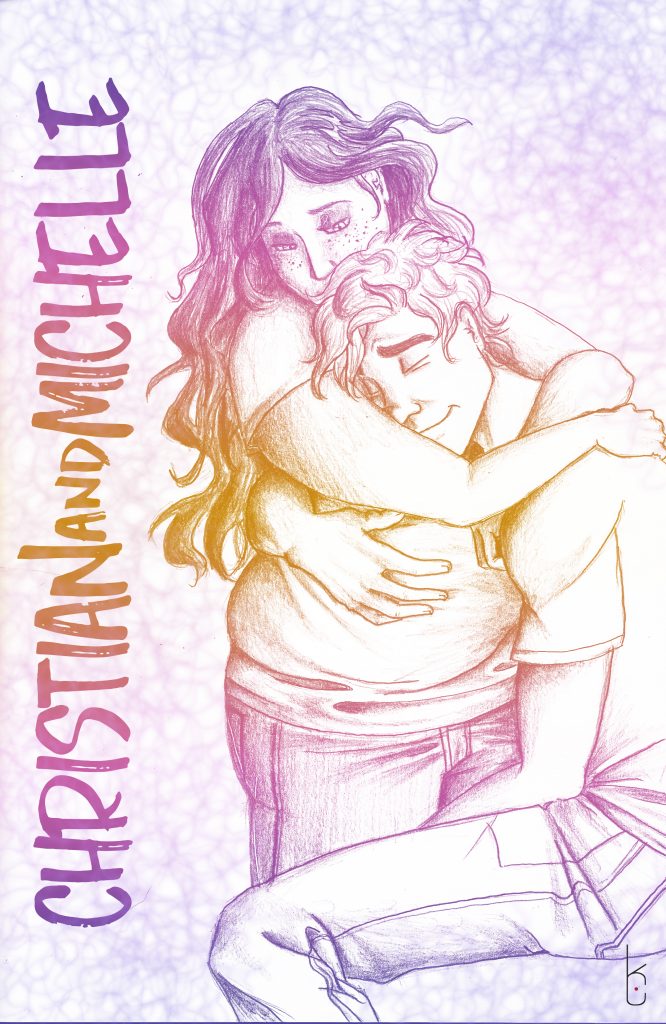 Young man sitting down hugging a young woman who is standing up with the text "Christian and Michelle"