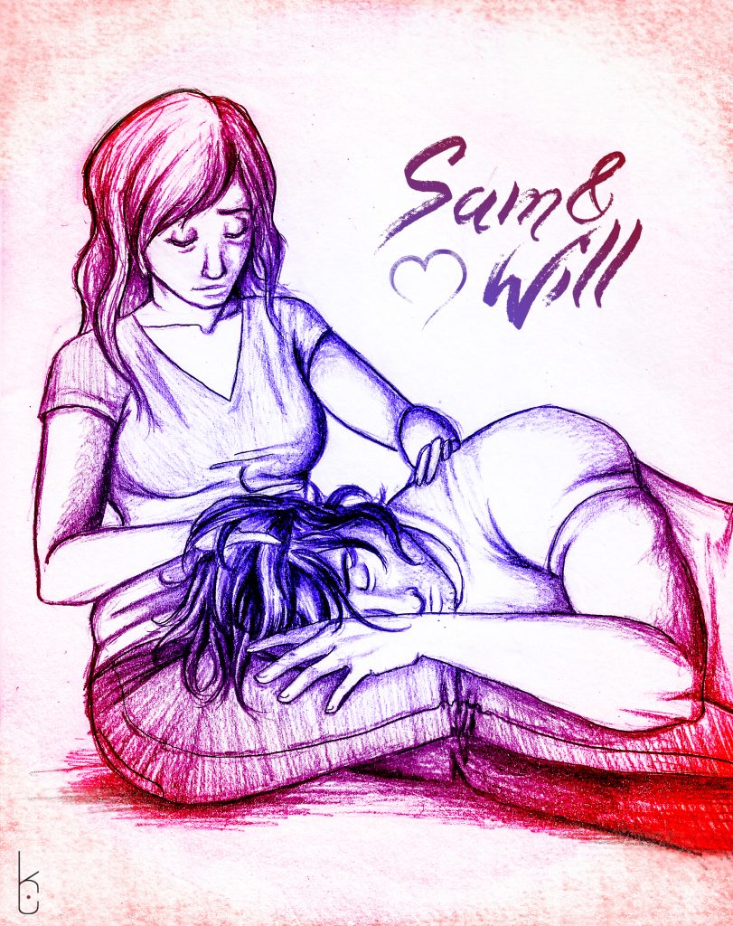 Man lying in woman's lap with the text "Sam and Will"