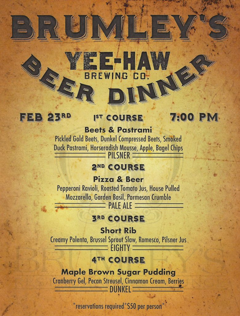 gritty, retro dinner menu showcasing 3 course meal with beer pairings